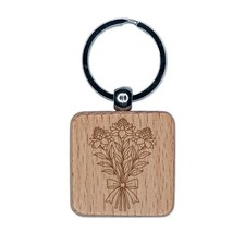 Porcelain Rose Flower Thick Layered Engraved Wood Square Keychain Tag Charm