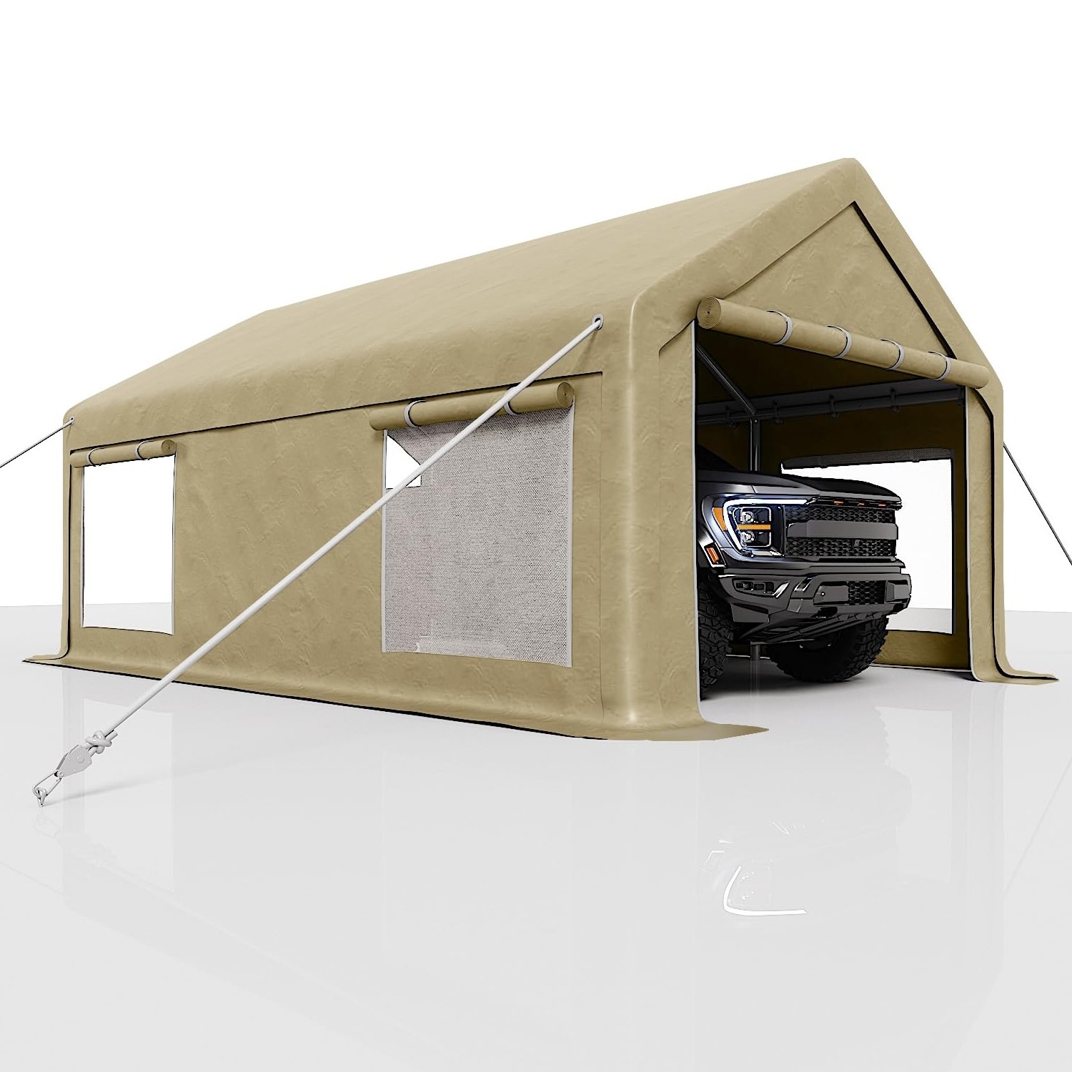 10x20ft Portable Garage Carport 200 GSM PE 2 Roll Up Doors 4 Mesh Windows Khaki