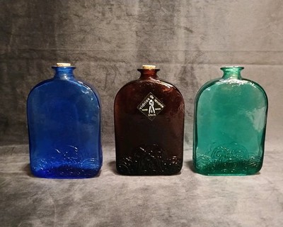 Set Of 3 VIDIRIOS De LEVANTE 6'' Glass Flasks SPAIN Cobalt/Plum Purple/Teal Green
