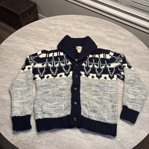 True Vintage 70s Sigallo Acrylic Shawl Collar Blue Cardigan Sweater Nordic M