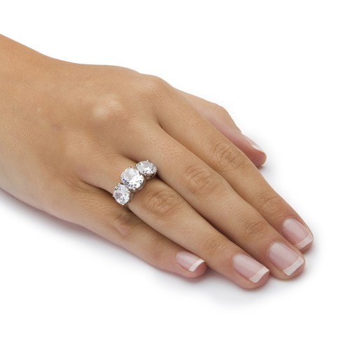 6.54 TCW Oval Cut Cubic Zirconia Platinum-plated Silver 3-Stone Bridal Ring - Picture 3 of 4