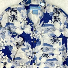 Bermuda Bay Mens L Silk Blue White Floral Hawaiian Aloha Diamond Head Camp Shirt