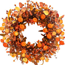 22-Inch Fall Wreath with Pumpkin, Eucalyptus, and Berries for Autumn Decor