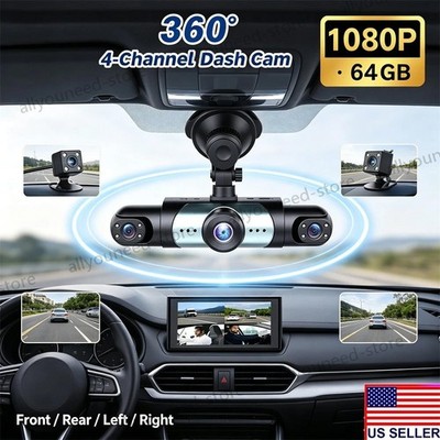 4-Channel Dashcam 360° 1080P HD Car Dash Cam Front Rear Inside Left Right