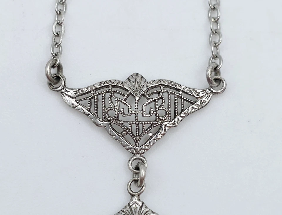 Antique Vintage Art Deco Sterling Silver Filigree Pink Glass Pendant Necklace - Image 4 of 4