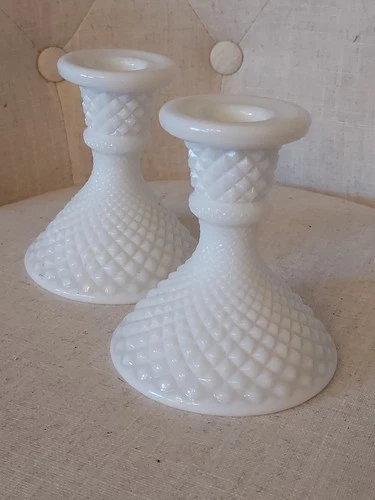 Set of 2 Vintage Westmoreland Hobnail Milk Glass Candlestick Holders