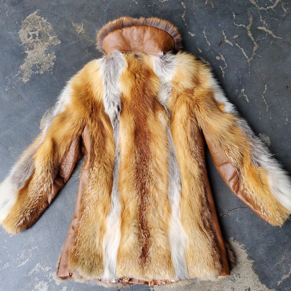 Abrigo de piel de zorro rojo vintage de los años 70 y ribete de cuero personalizado peletero talla de trabajo S/M Foto 4 de 4