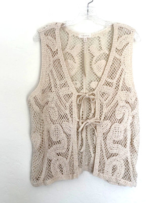 Adiva Crochet Open Knit Vest Boho Cottagecore Festival Cotton Tie Front Sz XL