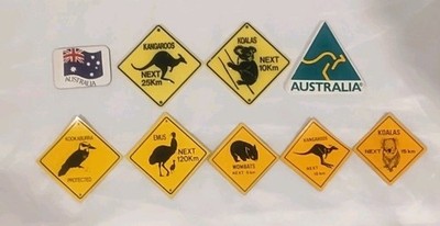 Australian Flag Road Sign Magnets Wombats, Emus, Koalas, Kangaroos, Kookaburra 
