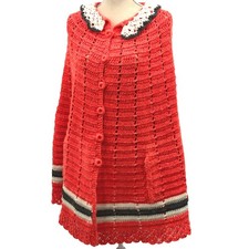 VTG 70s Crochet Knit Shawl Poncho Cape Hippie Granny Orange Black Stripe Boho OS