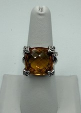 David Yurman Silver 20mm Cushion On Point Ring Citrine Diamonds size 6 Ex.