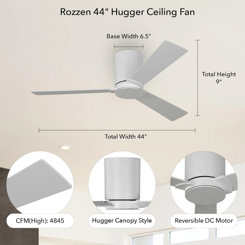 3RZHR44RZW Rozzen Hugger 44" Ceiling Fan with Remote Control Reversible DC Mo... - Image 3 of 4
