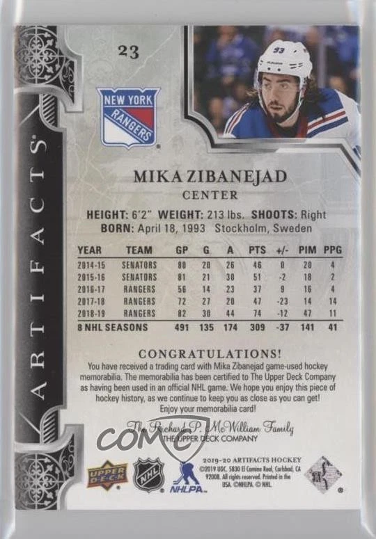 2019-20 Upper Deck Artifacts Emerald Material /65 Mika Zibanejad #23 - Image 2 of 2