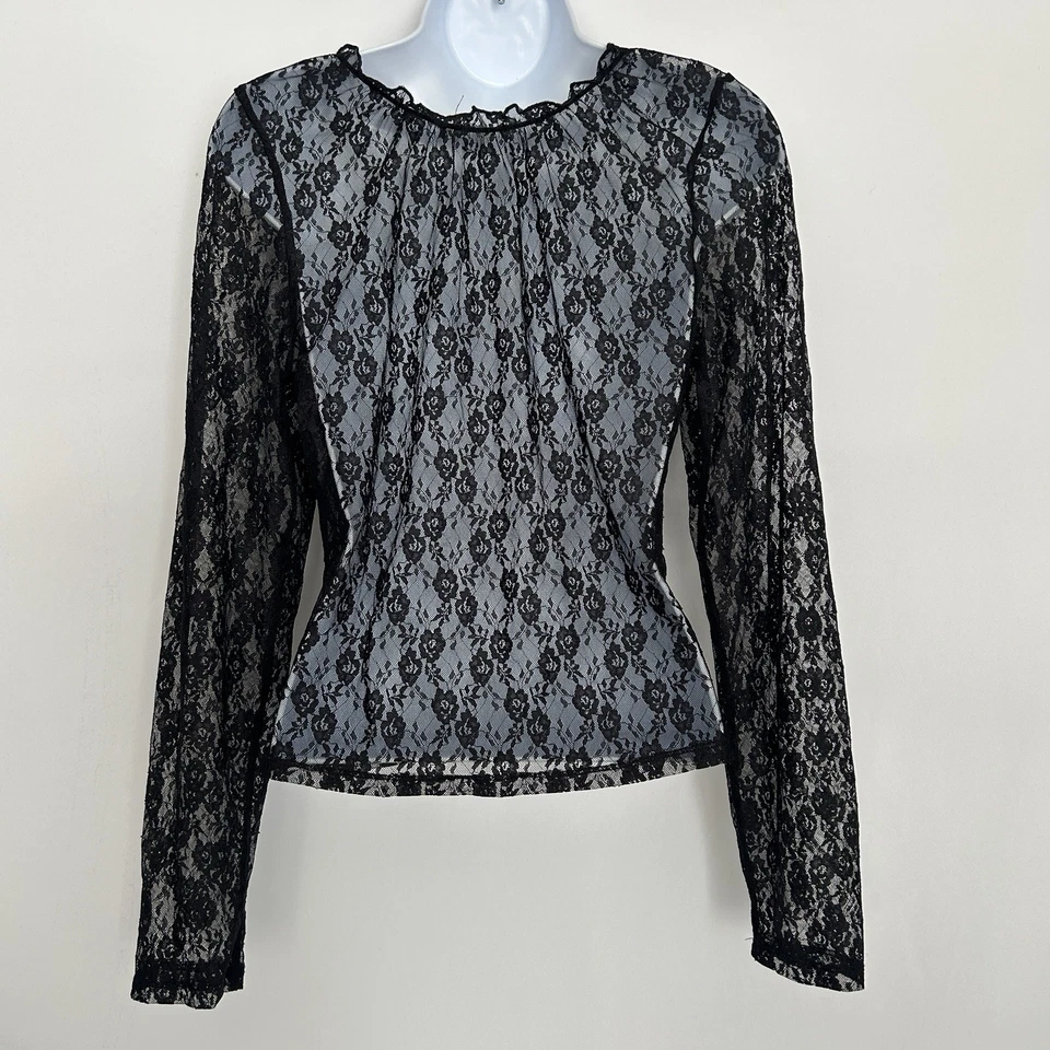 Top Babydoll Whimsigoth Malla Transparente Y2K Mediano Bruja Floral Oscuro Encaje Corbata Frontal Foto 4 de 4