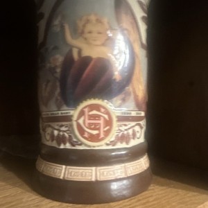 Painted Ceramic & Porcelain Beer Stein 0.5L White/Blue/Brown Decorated Handle