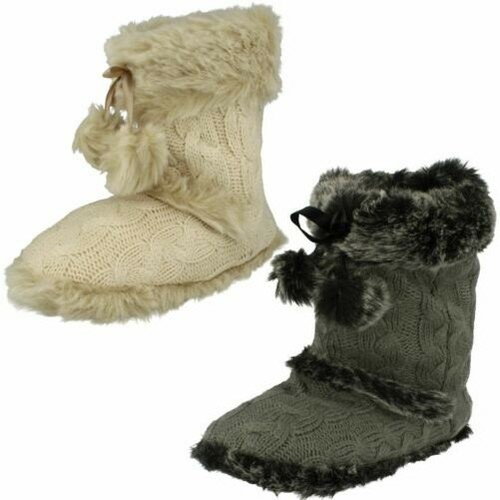 Ladies Spot on Slip on Bootee Slippers - Ivory Textile - UK Size 3-4 - EU Size 36-37 - US Size 4-5