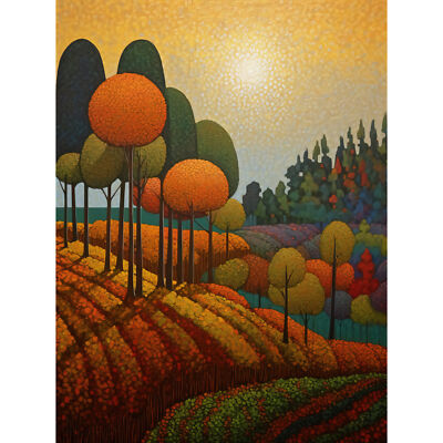 Autumn Fields Pointillism Painting Amber Orange Green Canvas Poster Print Art