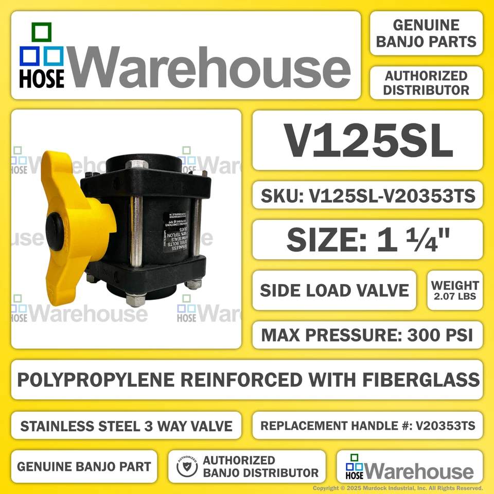 Genuine Banjo 1¼" 3-Way Side V125SL-V20353TS | w/ V20353TS Handle | Full Port - Image 4 of 4