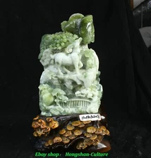 Chinese Natural Green Xiu Jade Carving Sika Deer Animal Bridge Tree Statue