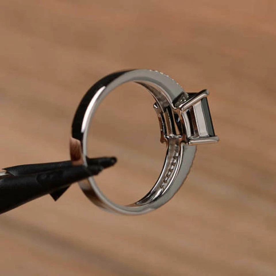 2.70 Ct Princess Black Diamond Engagement Ring 14K White Gold Plated Simulated - Image 3 of 4