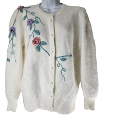 Vintage 80s Cardigan Sweater Womens Size Large Ivory Angora Embroidered Floral