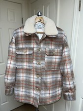 Nwt Pull&bear Wool Blend Plaid Tartan Heavy Jacket Detachable Borg Collar Sz L