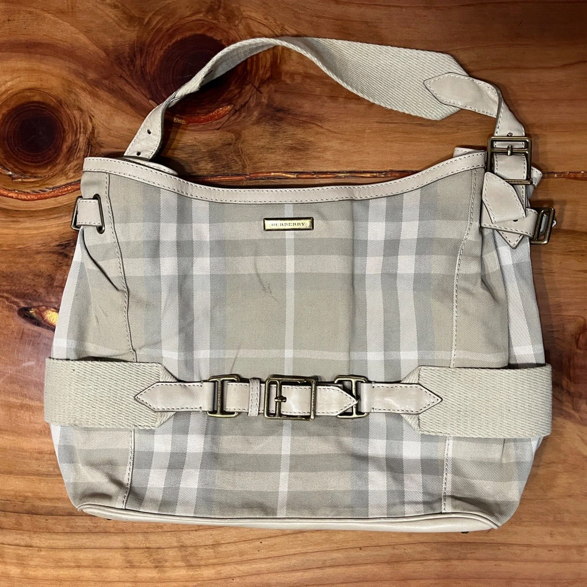 Burberry Womens Plaid Leather Top Shoulder Handbag Canvas Buckle