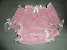 ABDL PINK NOISY PLASTIC NAPPY PANTS WHITE MULTI LACE TRIM SATIN BOWS M/L