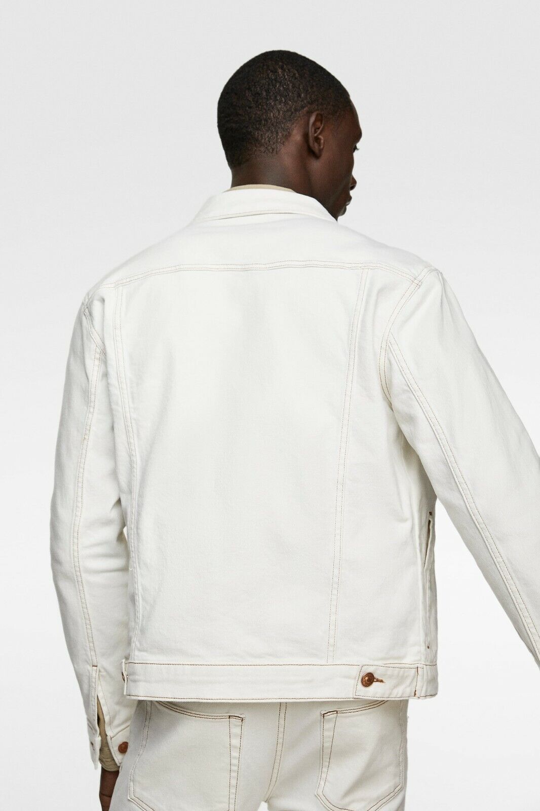 New Zara Denim Jacket w Contrast Top Stitching S M XL White trucker jeans  coat