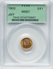 1903 - Jefferson Gold Dollar Commemorative - PCGS MS67 - VIVID ORANGE PEEL COLOR