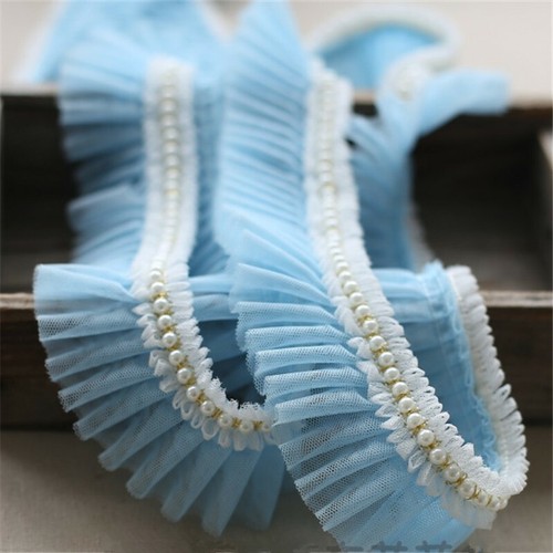 3 M Lace Beaded Ruffles Pleated Mesh Edging Faux Pearl Bead Trimming Frill Sew - Picture 13 of 25