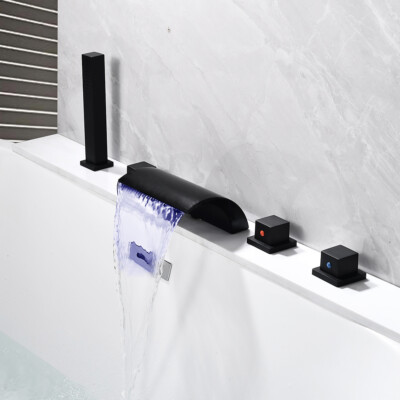 Moderne 5 Loch Wannenrandarmatur Wasserfall Badewannenarmatur Duschset Schwarz