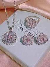 4pcs/set Pink Cubic Zirconia Flower Design Necklace, Earrings, Ring Set Jewelry
