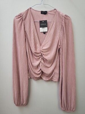 Topshop Damen Rüschen Langarm V-Ausschnitt Damen Top Bluse Größe UK 6 Rosa