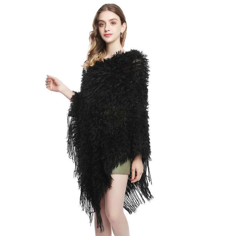 Dama Capa de Piel Sintética Mantón Esponjoso Pullover Borla Poncho Envoltura Cálido Prendas para el torso Sexy Foto 2 de 4
