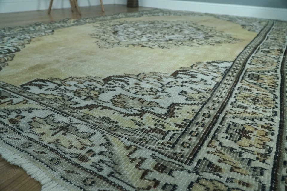 Wool Woven Boho Turkish Rug, Vintage 6x9 Pastel Yellow Rug, 5.94x9.12 ft. H-2806 - Image 3 of 4