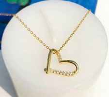 Women Girl 925 Sterling Silver CZ Gold Heart Love Pendant Chain Necklace 15-17"