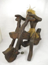 Hand Carved Lg Wooden Motorcycle Man Sculpture Primative Tiki Tribal Native Dude
