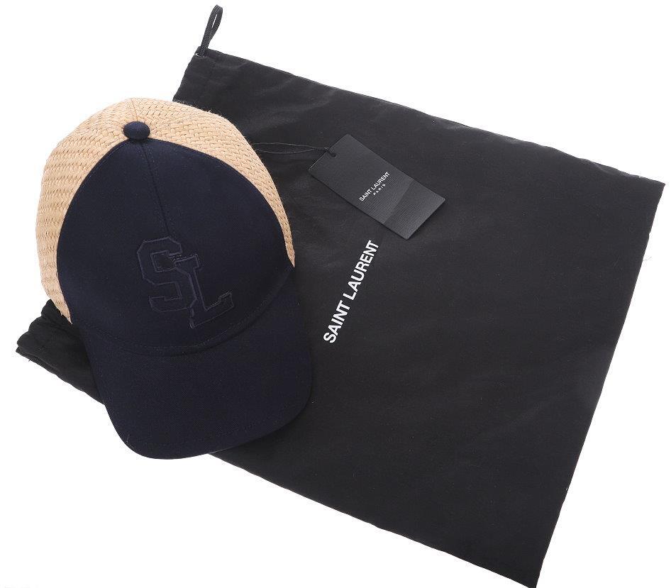 新品 Saint Laurent Cotton Hat in Navy size 57 NEW YSL SAINT LAURENT SL LOGO COTTON CANVAS AND RAFFIA