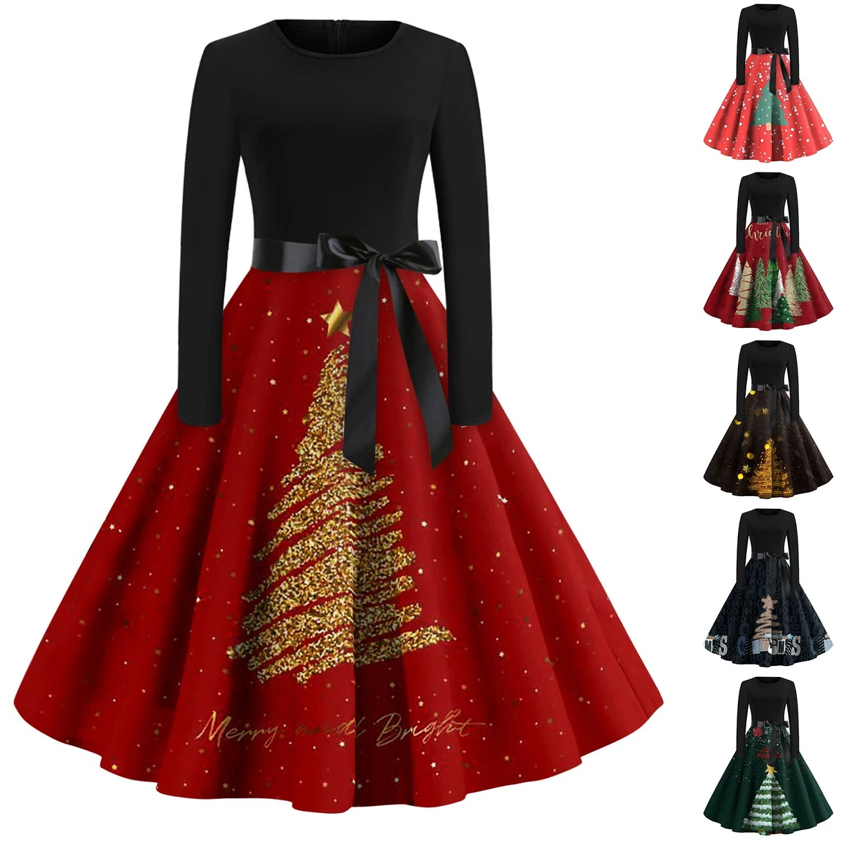 Womens Christmas Print Fancy Costume Long Sleeve Ladies Party Flared Swing Dress