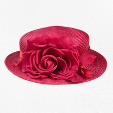 90s Vintage Red Straw Derby Hat with Large Rose Accent Wide Brim Formal Style