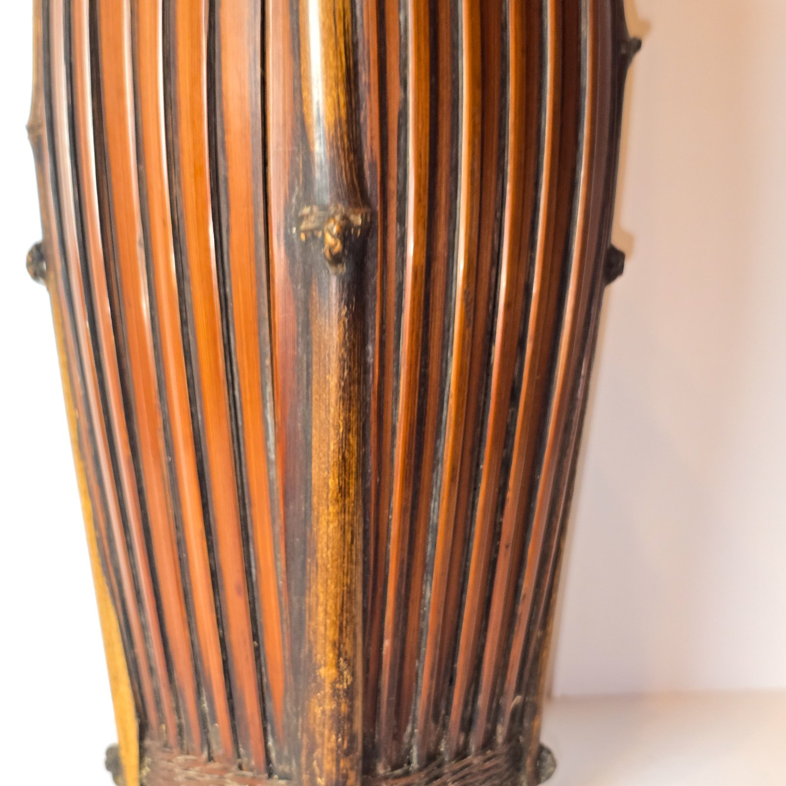 Antique Japanese Bamboo Ikebana Basket w/ Handle Meiji Taisho Ribbed Slat Form