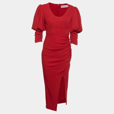 SelfPortrait Red Stretch Crepe Draped Thigh Slit Midi Dress S