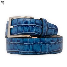 Cintura da uomo blu cinta in pelle di vitello stampa cocco coccodrillo elegante