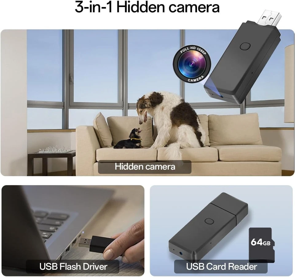 64GB USB Flash Drive Camera,1080P Video Resolution Security, Black  - Photo 2/4