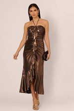 Adrianna Papell Cinnamon Foiled Jersey Ruched Midi Dress 8 Halter Sleeveless
