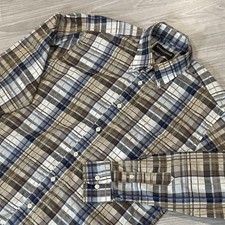 Vintage Kenneth Gordon Plaid Shirt Mens M Tan Blue Brown Made In USA 100% Cotton