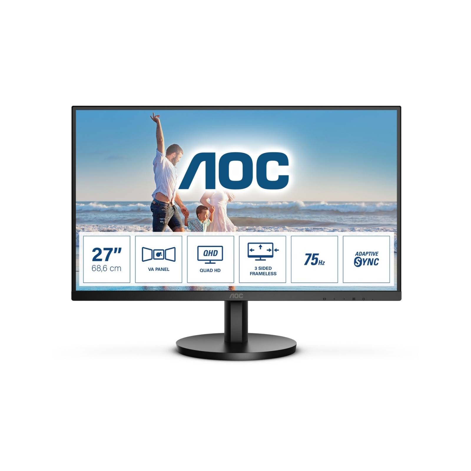 AOC 27 Inch LED Monitor 2560 x 1440 QHD 75Hz 4ms Black (Q27B3MA)