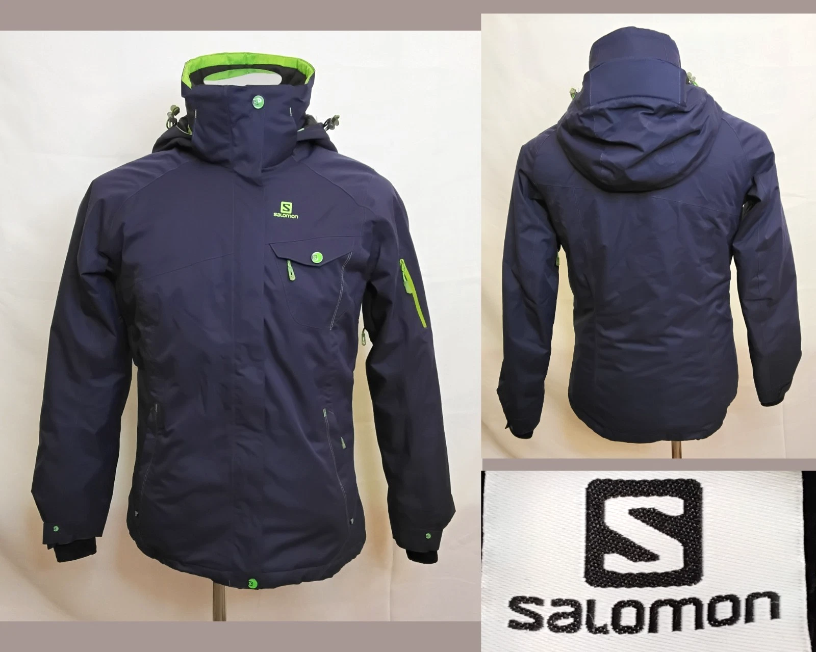 Salomon ClimaPro Ski Jacket Boys Medium Navy Blue & Green Hooded Full Zip #W4438