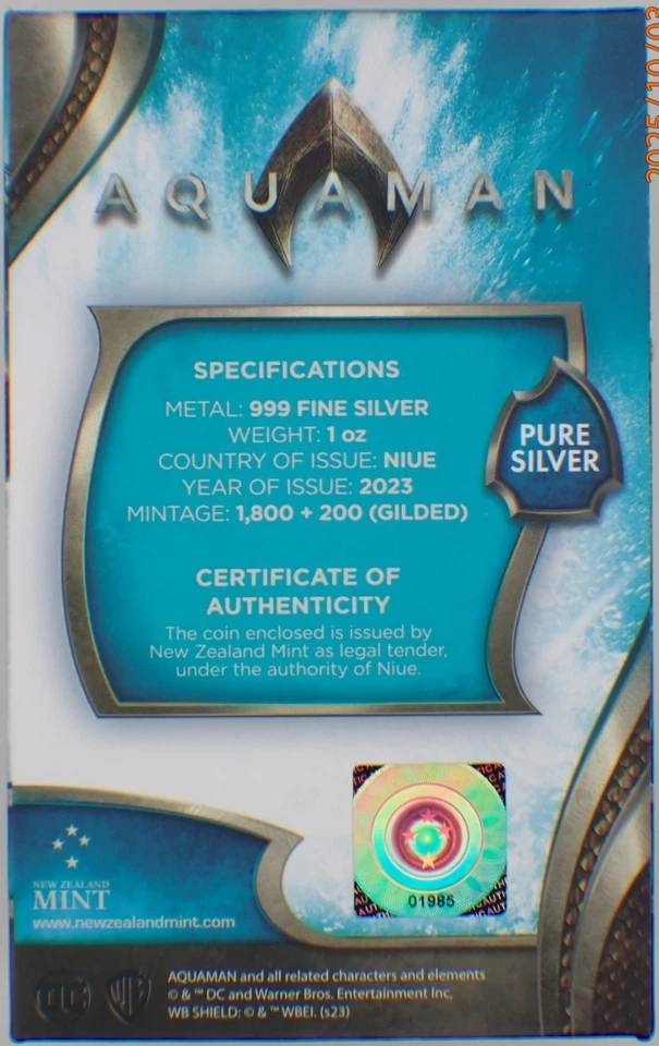 2023 NIUE 1 Oz .999 SILVER $2 DC COMICS GILT CHIBI AQUAMAN NGC ER PF69UC SN 1985 - Image 4 of 4